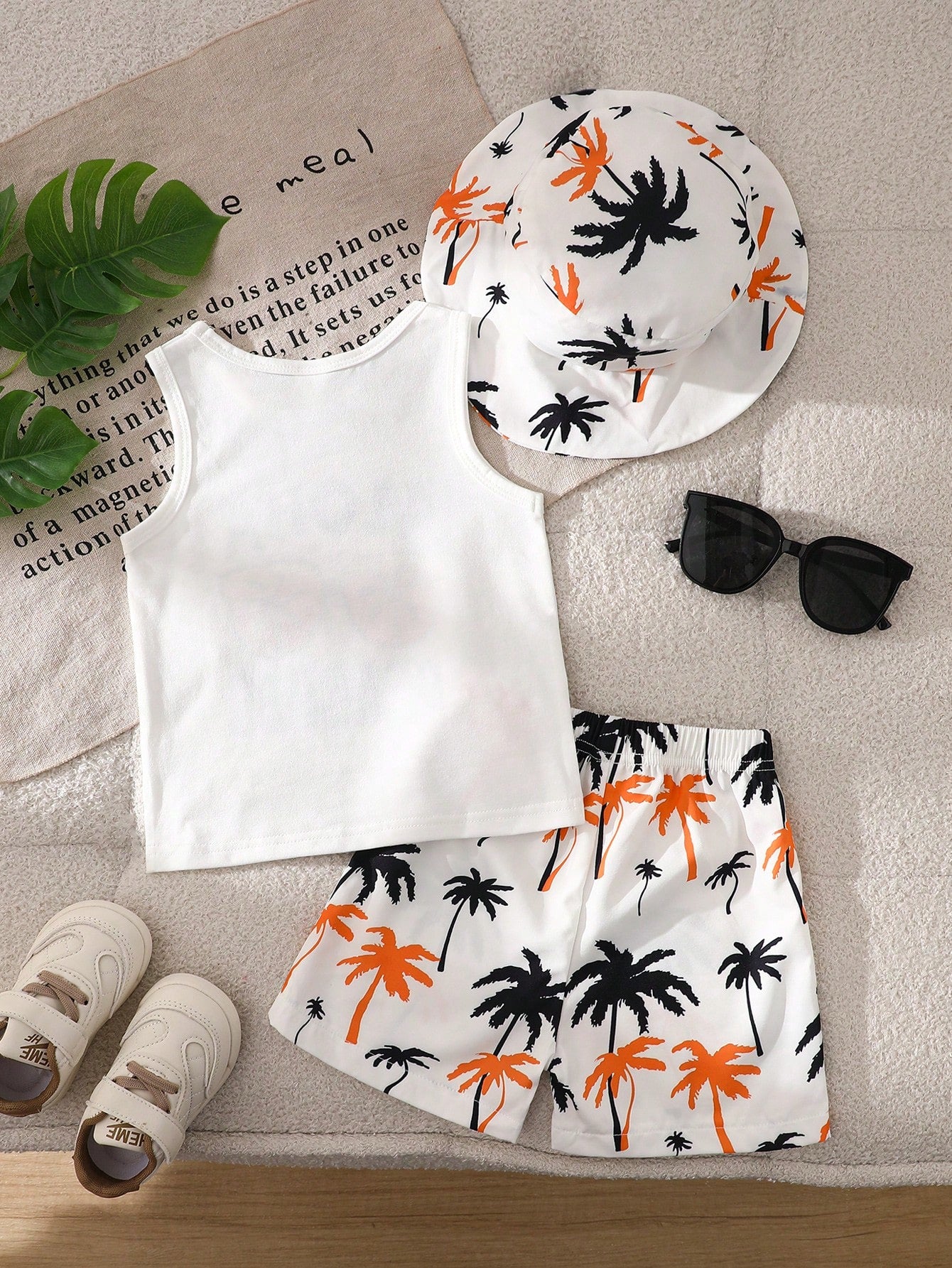 3pcs Boys Aloha Graphic Tank Top & Palm Print Shorts Set - Ivory | ...