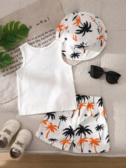 3pcs Boys Aloha Graphic Tank Top & Palm Print Shorts Set - Ivory | ...
