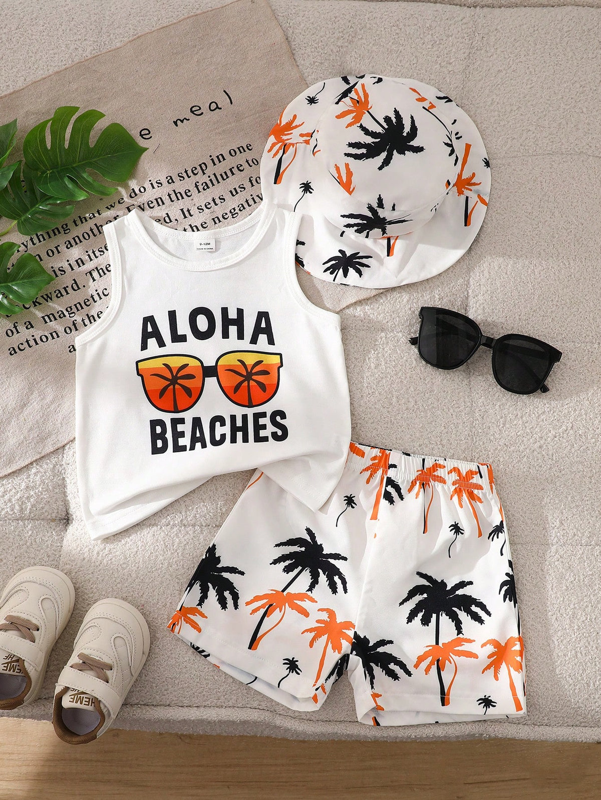 3pcs Boys Aloha Graphic Tank Top & Palm Print Shorts Set - Ivory | ...