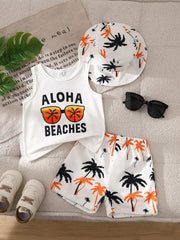 3pcs Boys Aloha Graphic Tank Top & Palm Print Shorts Set - Ivory | ...