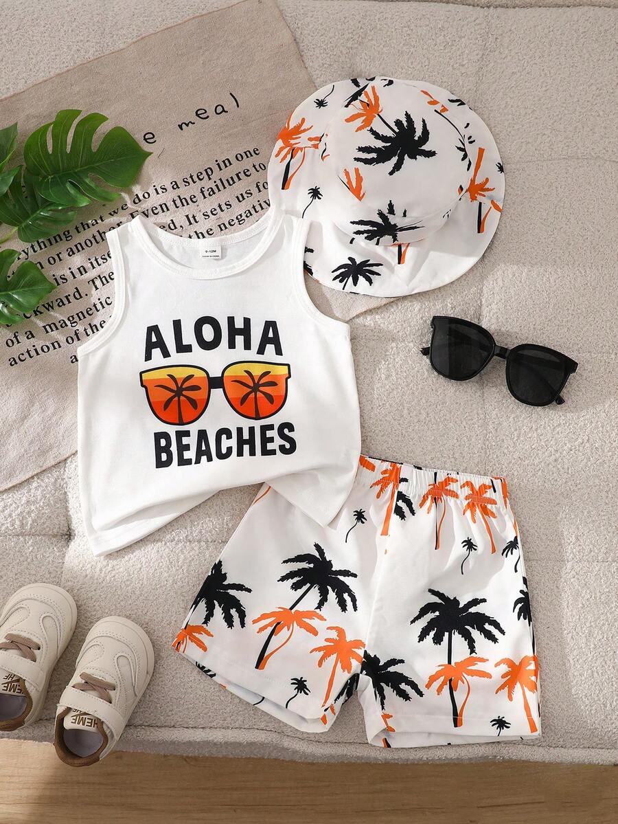 3pcs Boys Aloha Graphic Tank Top & Palm Print Shorts Set - Ivory | ...