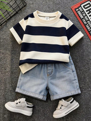 2pcs Boys Stripe Knit Tee & Denim Shorts Set - Ivory