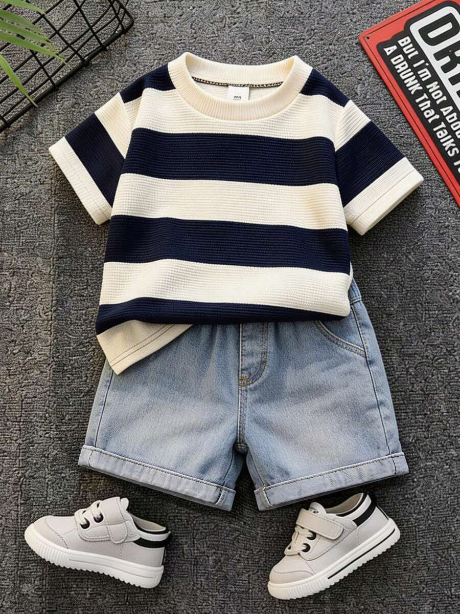 2pcs Boys Stripe Knit Tee & Denim Shorts Set - Ivory