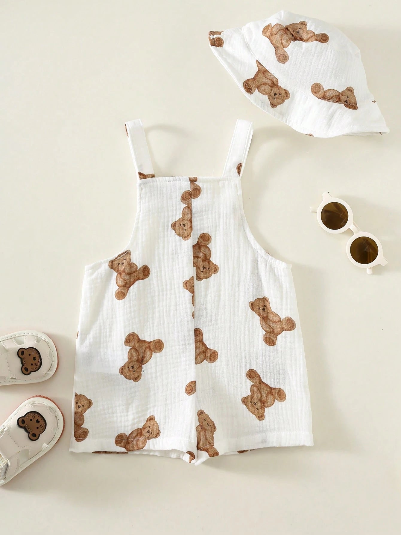 Boys Teddy Bear Print Bib Overalls & Bucket Hat Set - Ivory