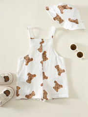 Boys Teddy Bear Print Bib Overalls & Bucket Hat Set - Ivory
