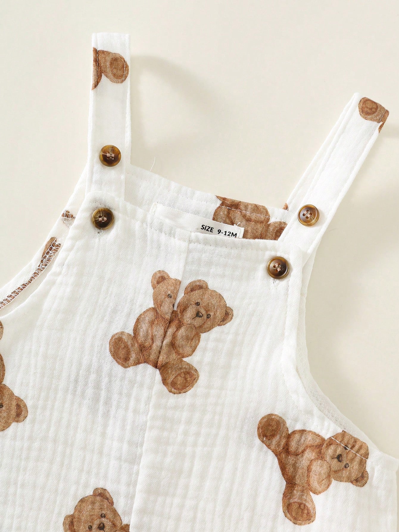 Boys Teddy Bear Print Bib Overalls & Bucket Hat Set - Ivory