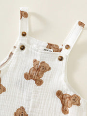 Boys Teddy Bear Print Bib Overalls & Bucket Hat Set - Ivory