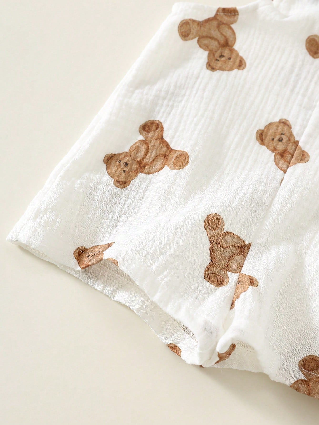 Boys Teddy Bear Print Bib Overalls & Bucket Hat Set - Ivory