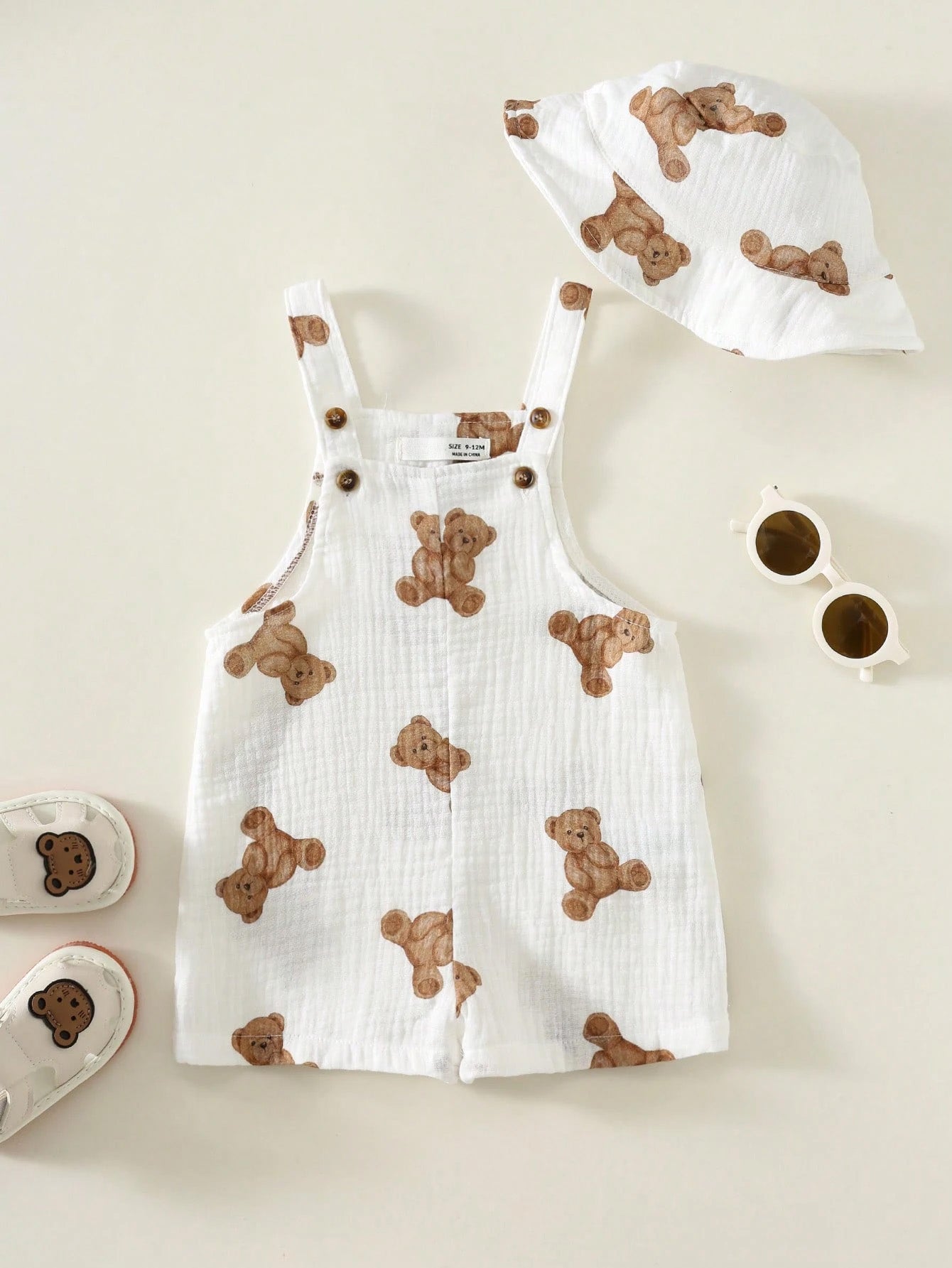 Boys Teddy Bear Print Bib Overalls & Bucket Hat Set - Ivory