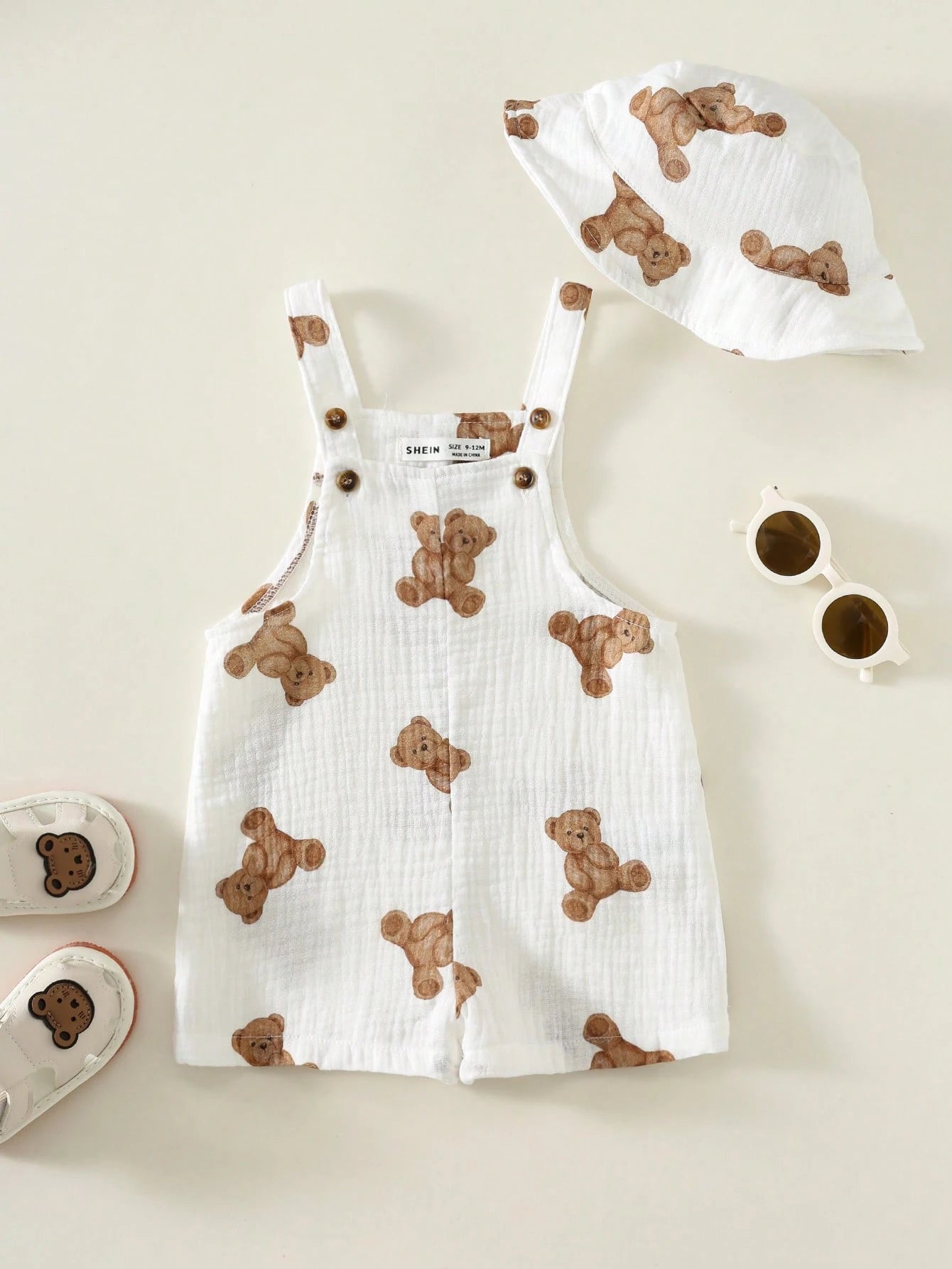 Boys Teddy Bear Print Bib Overalls & Bucket Hat Set - Ivory