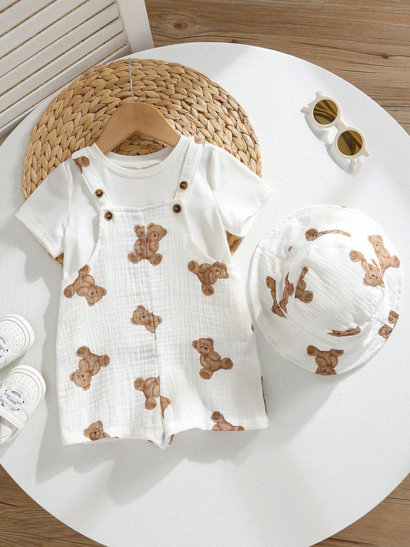 Boys Teddy Bear Print Bib Overalls & Bucket Hat Set - Ivory