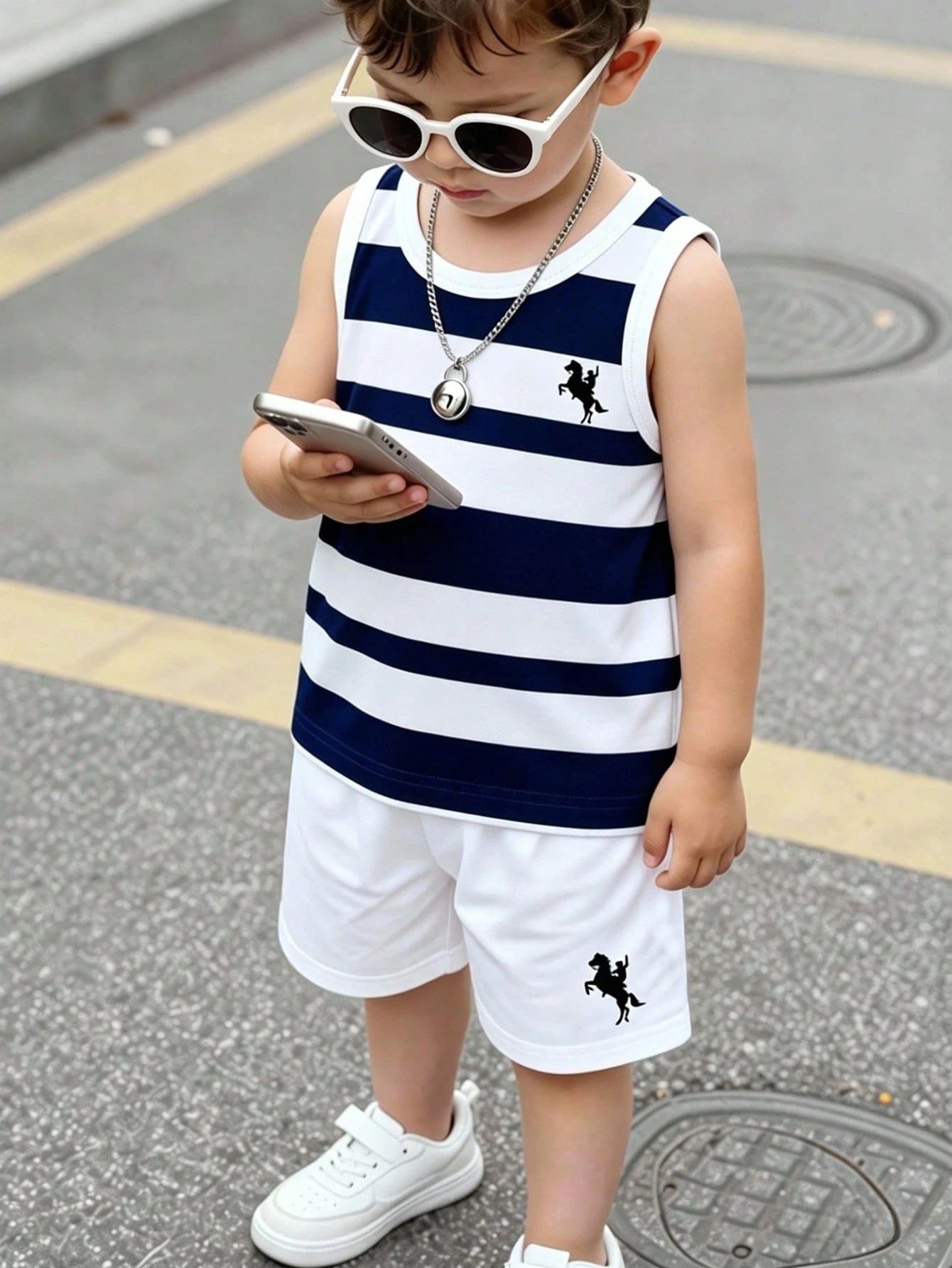 2pcs Boys Nautical Stripe Equestrian Print Tank & Shorts Set - Ivory