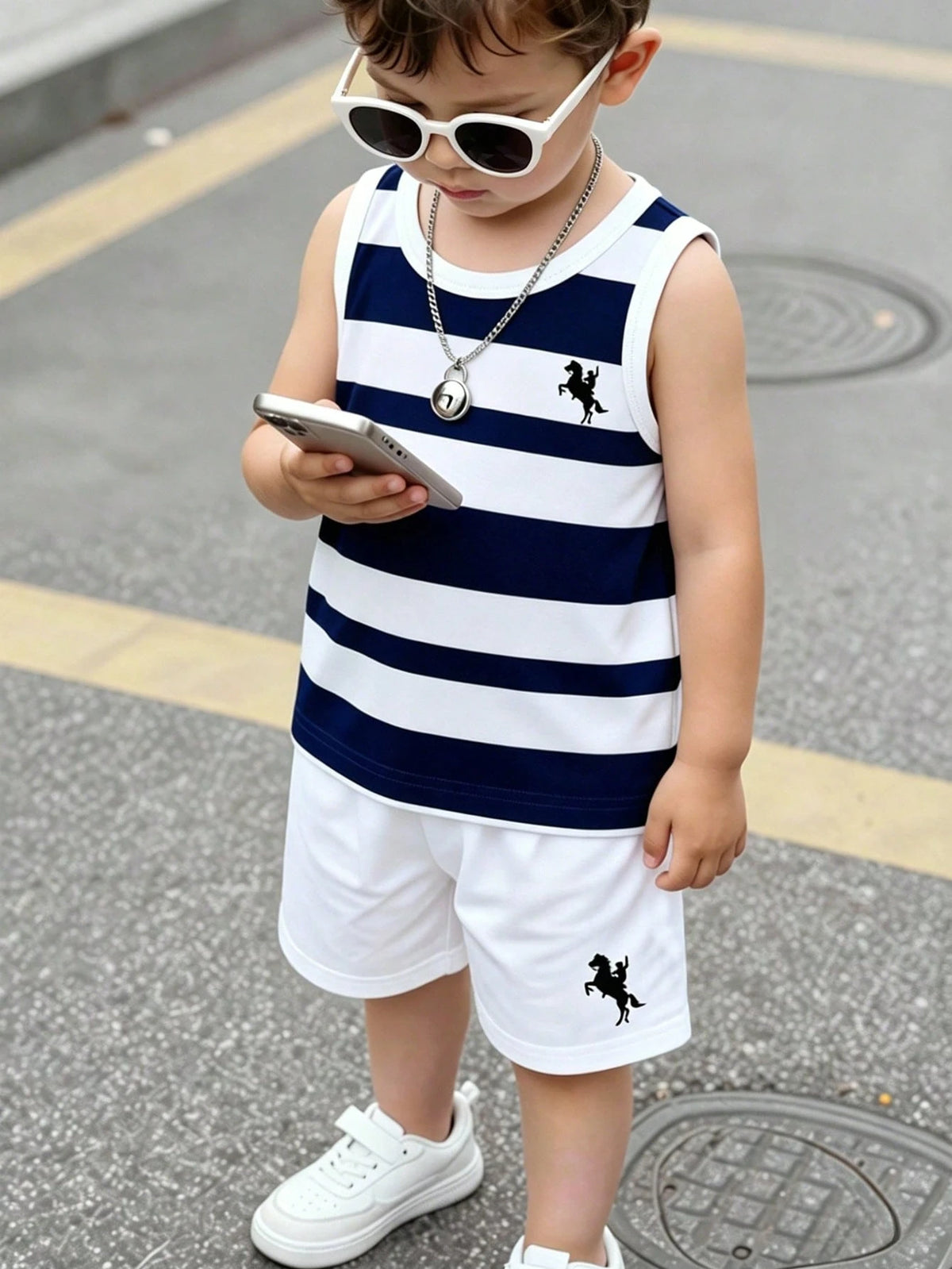 2pcs Boys Nautical Stripe Equestrian Print Tank & Shorts Set - Ivory