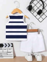 2pcs Boys Nautical Stripe Equestrian Print Tank & Shorts Set - Ivory