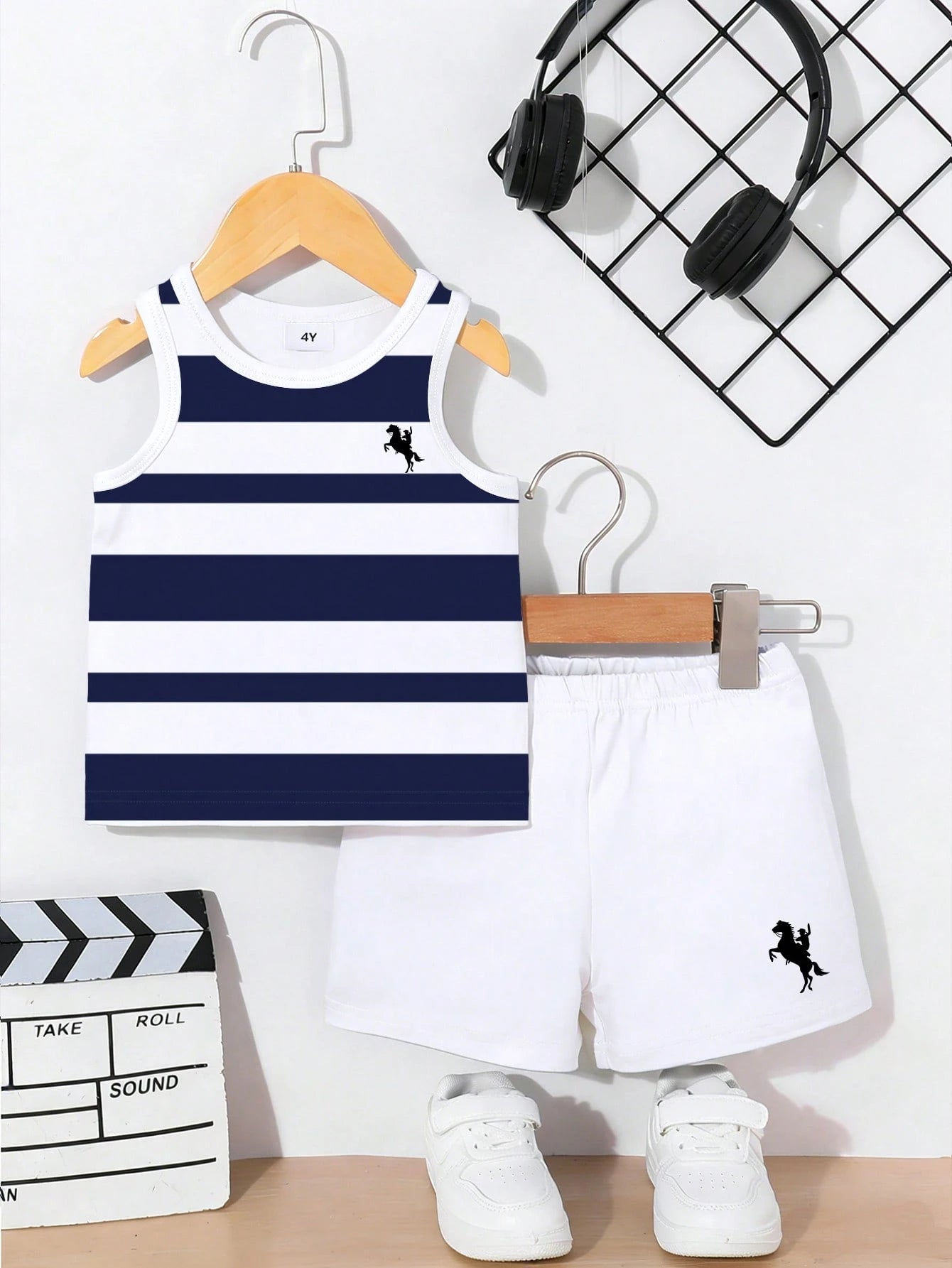 2pcs Boys Nautical Stripe Equestrian Print Tank & Shorts Set - Ivory