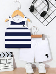 2pcs Boys Nautical Stripe Equestrian Print Tank & Shorts Set - Ivory