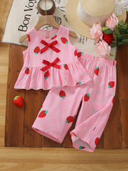 2pcs Girls Strawberry Print Ruffle Peplum Top & Wide-Leg Pants - Blush