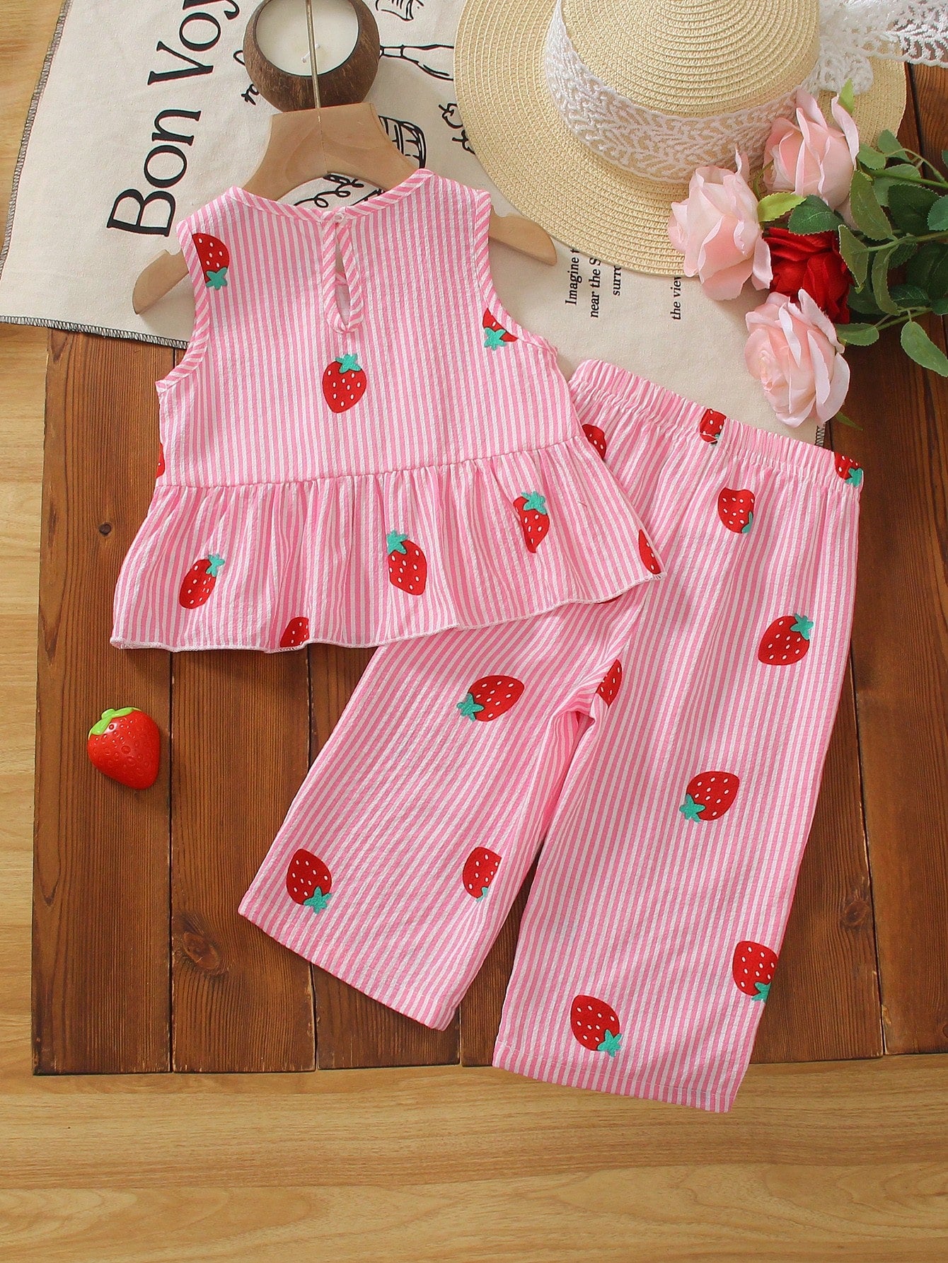 2pcs Girls Strawberry Print Ruffle Peplum Top & Wide-Leg Pants - Blush
