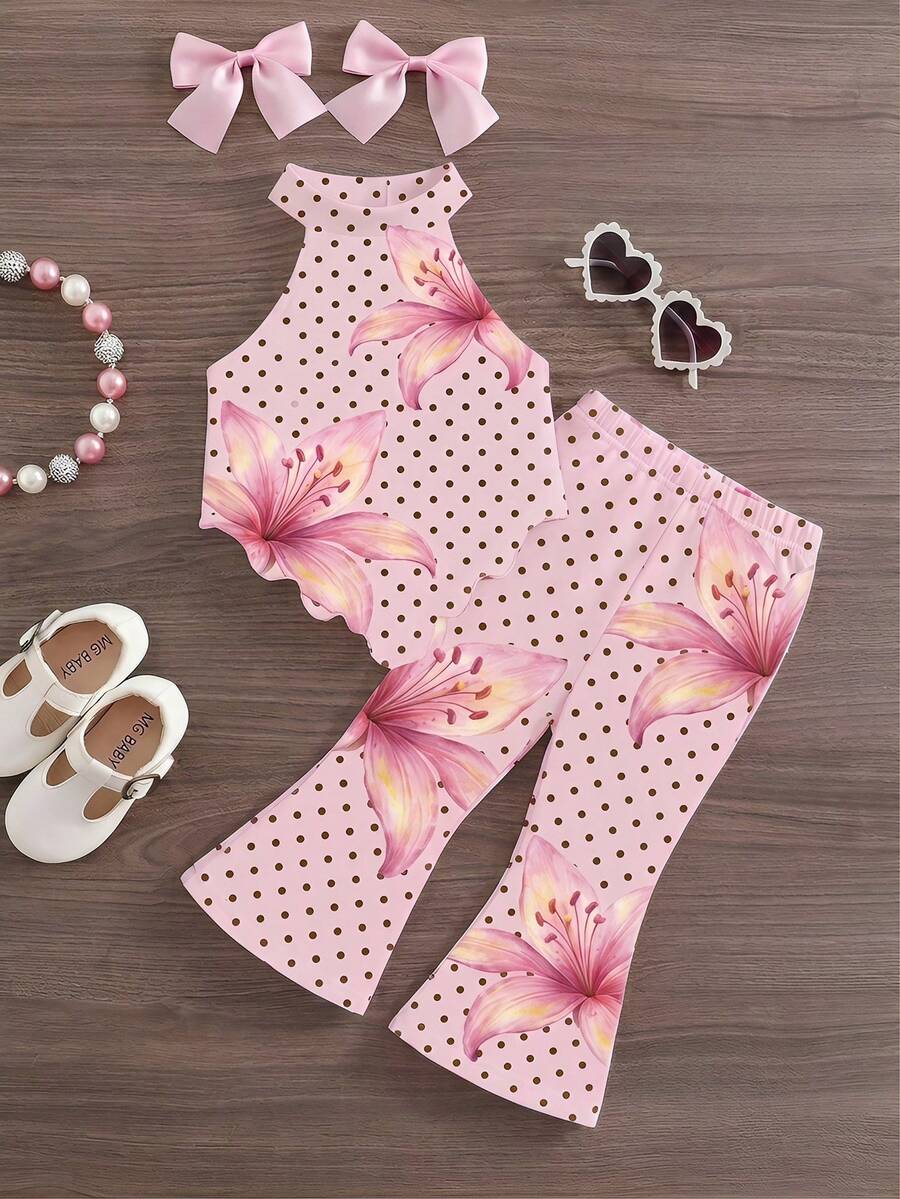 2pcs Girls Lily Print Polka Dot Halter Top & Bell-Bottom Pants - Bl...