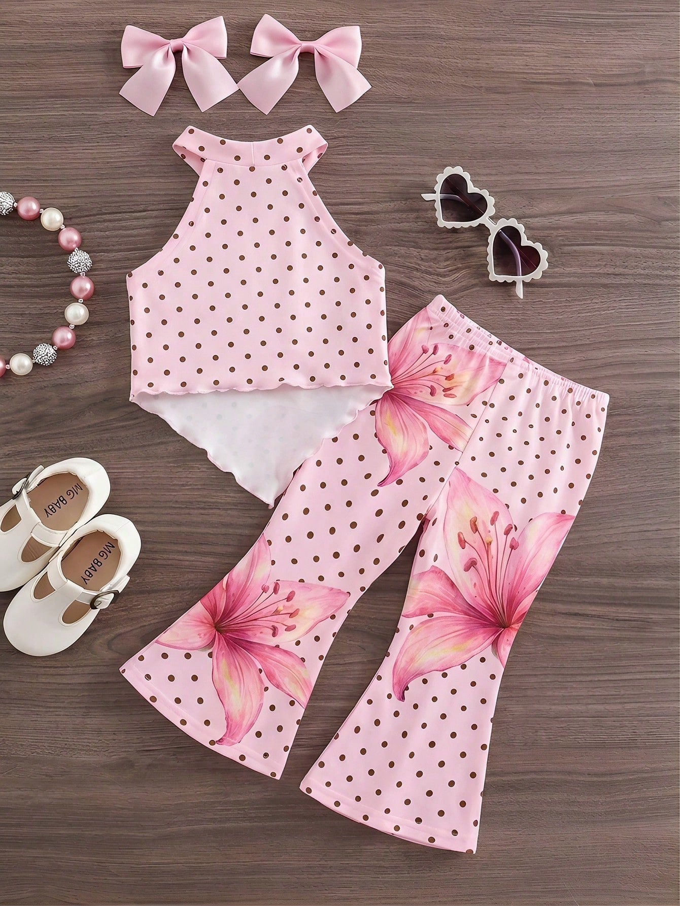 2pcs Girls Lily Print Polka Dot Halter Top & Bell-Bottom Pants - Bl...