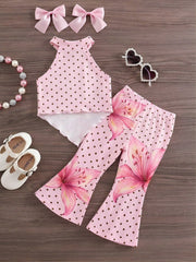 2pcs Girls Lily Print Polka Dot Halter Top & Bell-Bottom Pants - Bl...
