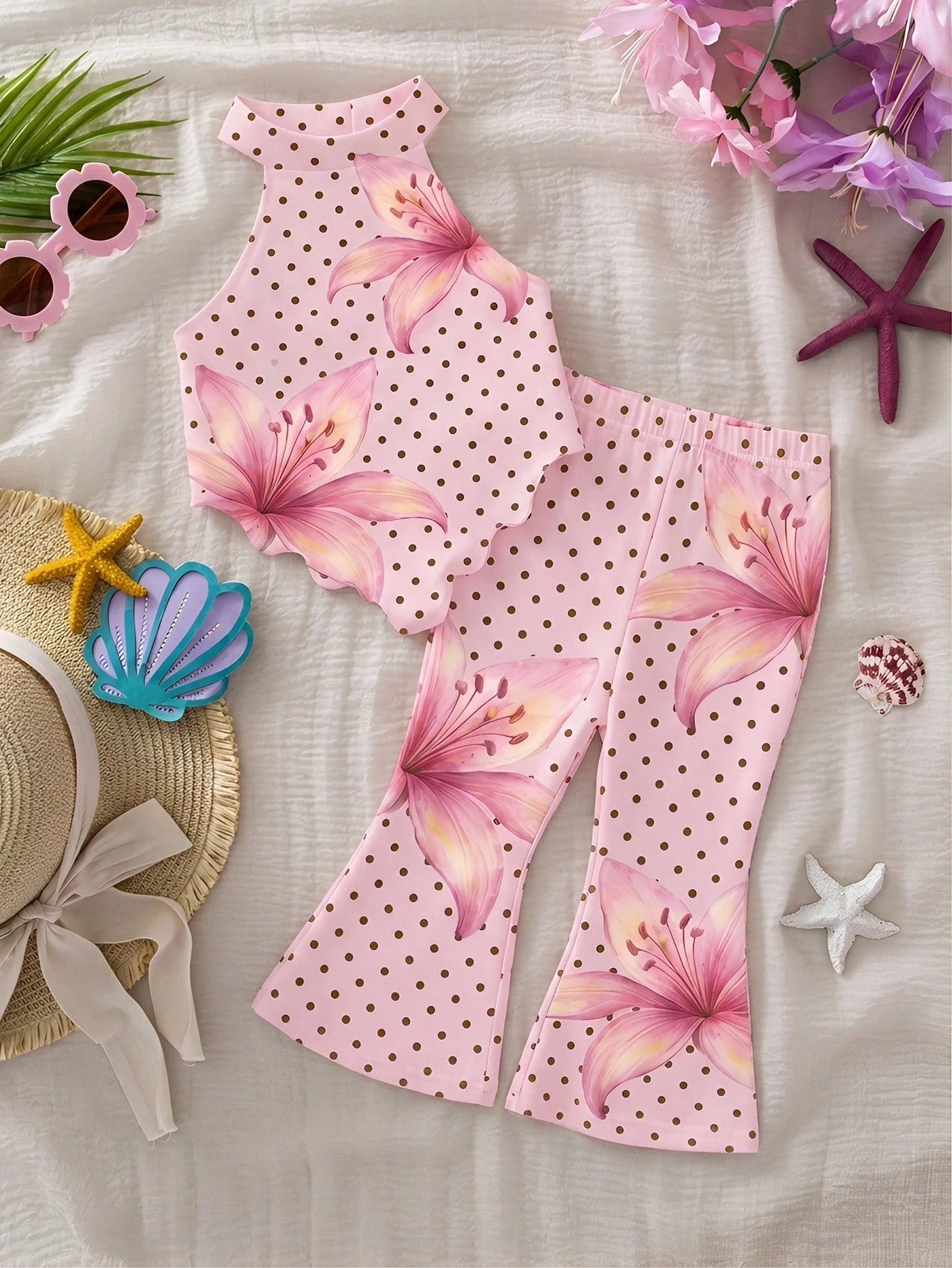 2pcs Girls Lily Print Polka Dot Halter Top & Bell-Bottom Pants - Bl...