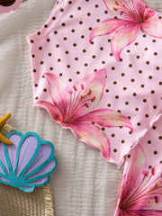 2pcs Girls Lily Print Polka Dot Halter Top & Bell-Bottom Pants - Bl...