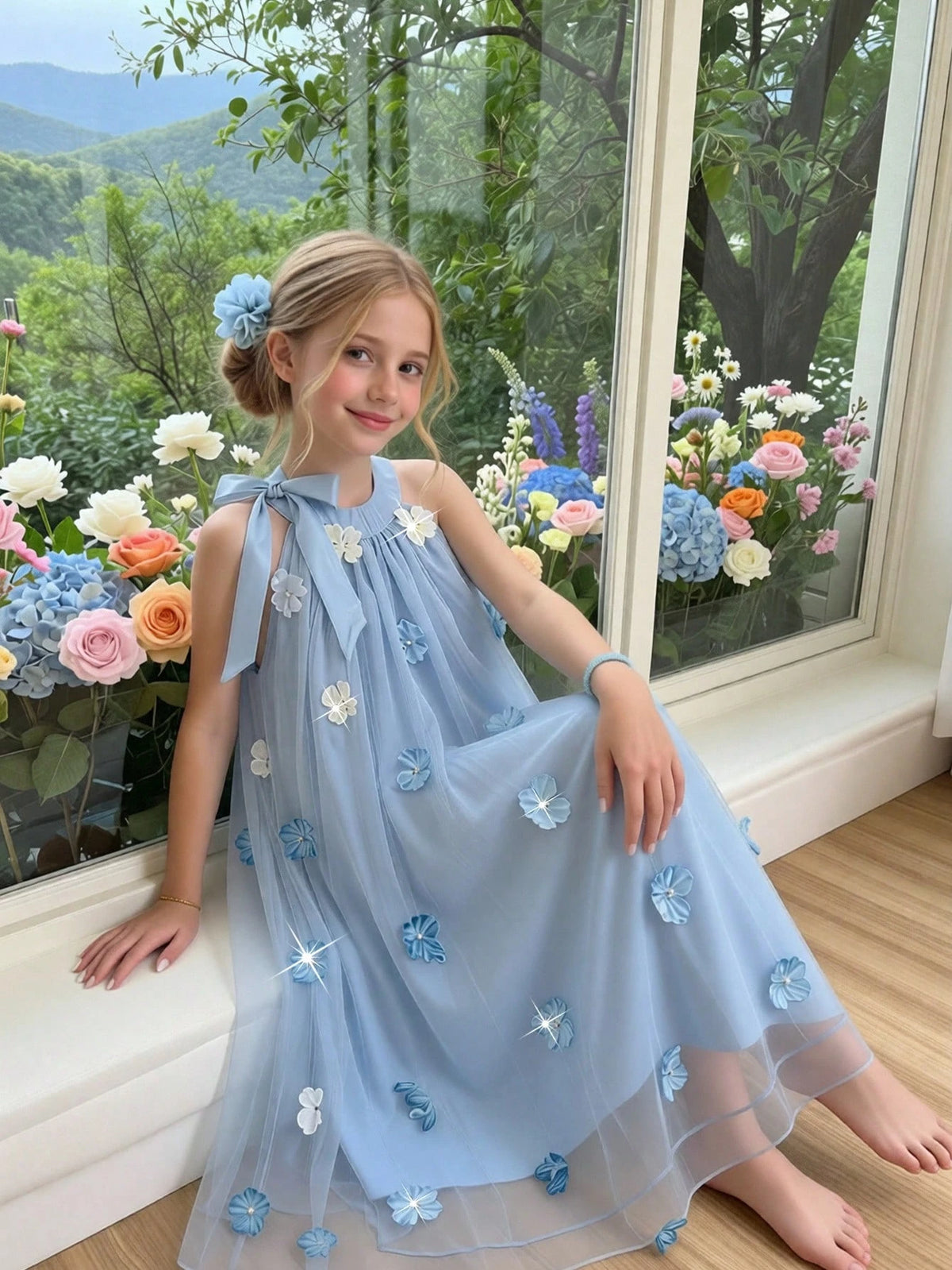 Big Girls 3D Floral Appliqué Halter Neck Tulle Dress - Periwinkle |...
