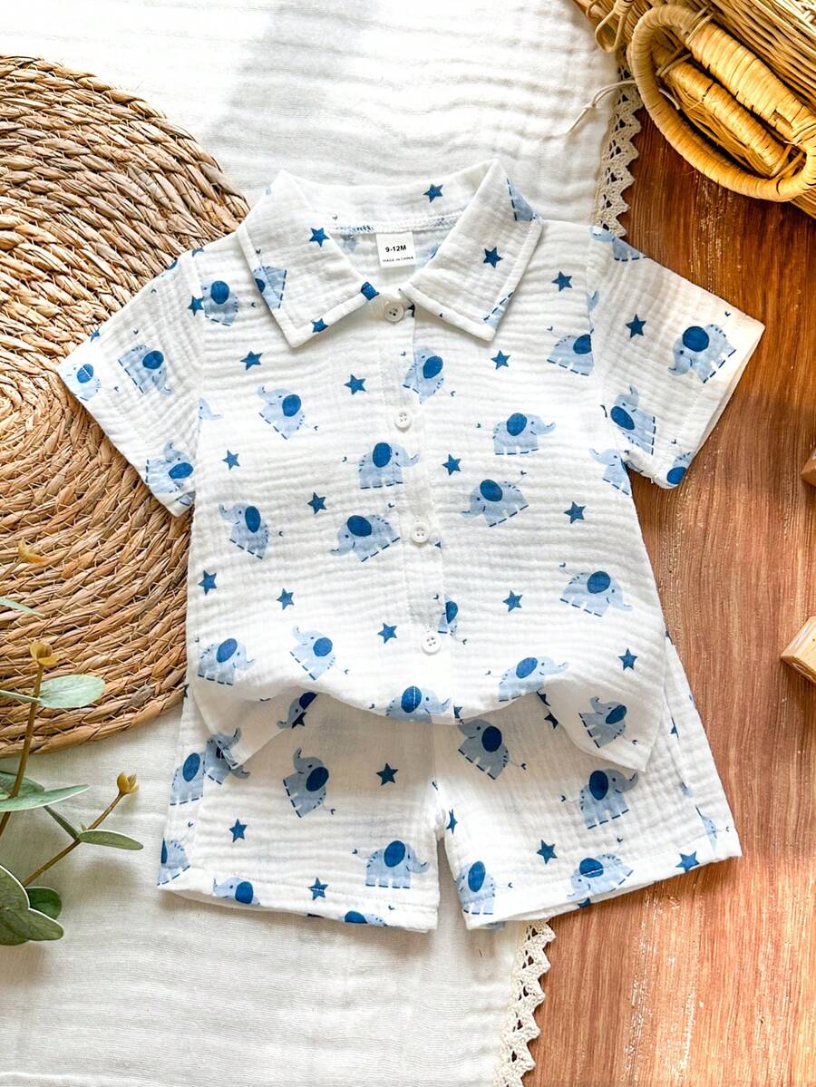 Baby Boys Elephant Print Collar Shirt & Shorts Set - Ivory