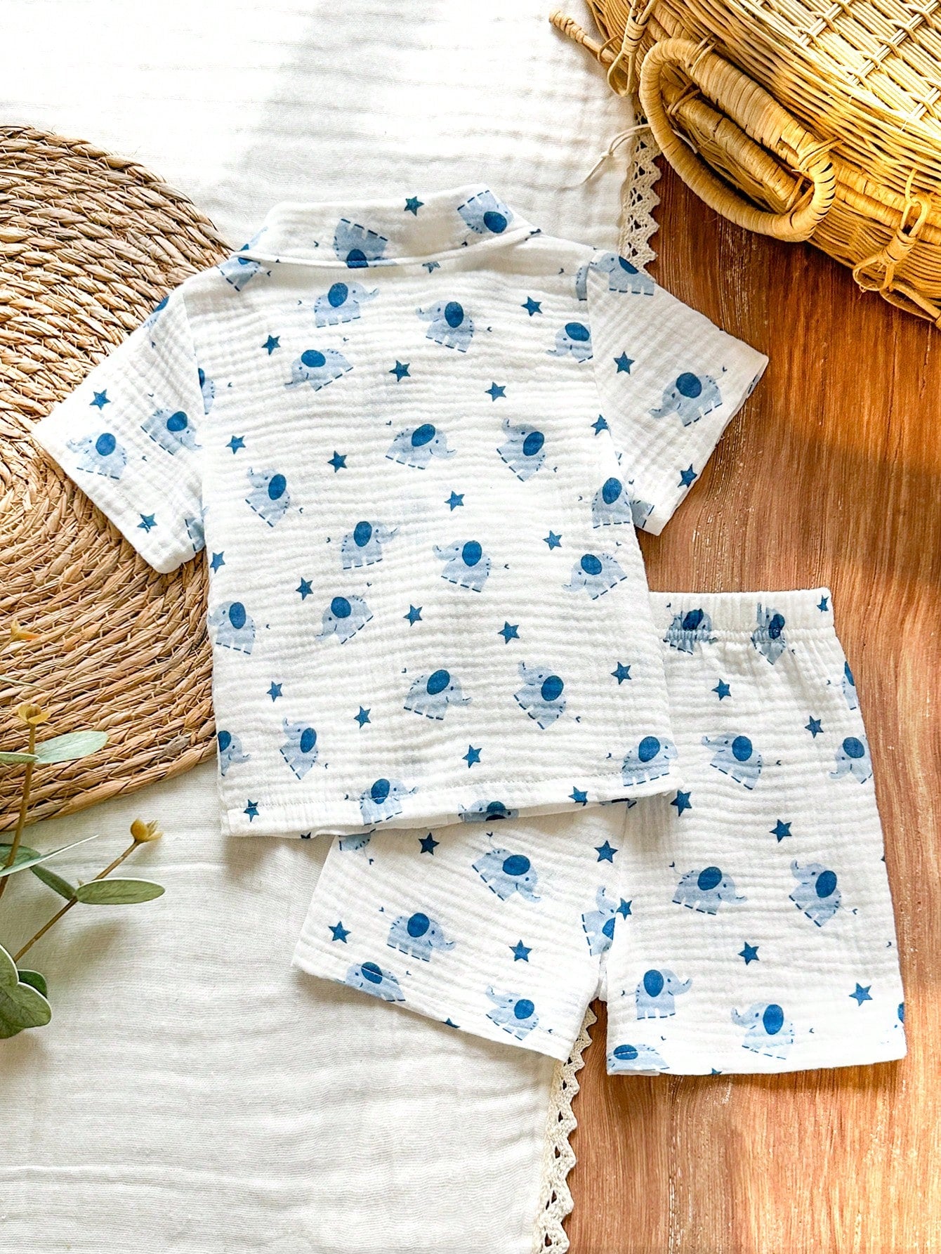 Baby Boys Elephant Print Collar Shirt & Shorts Set - Ivory