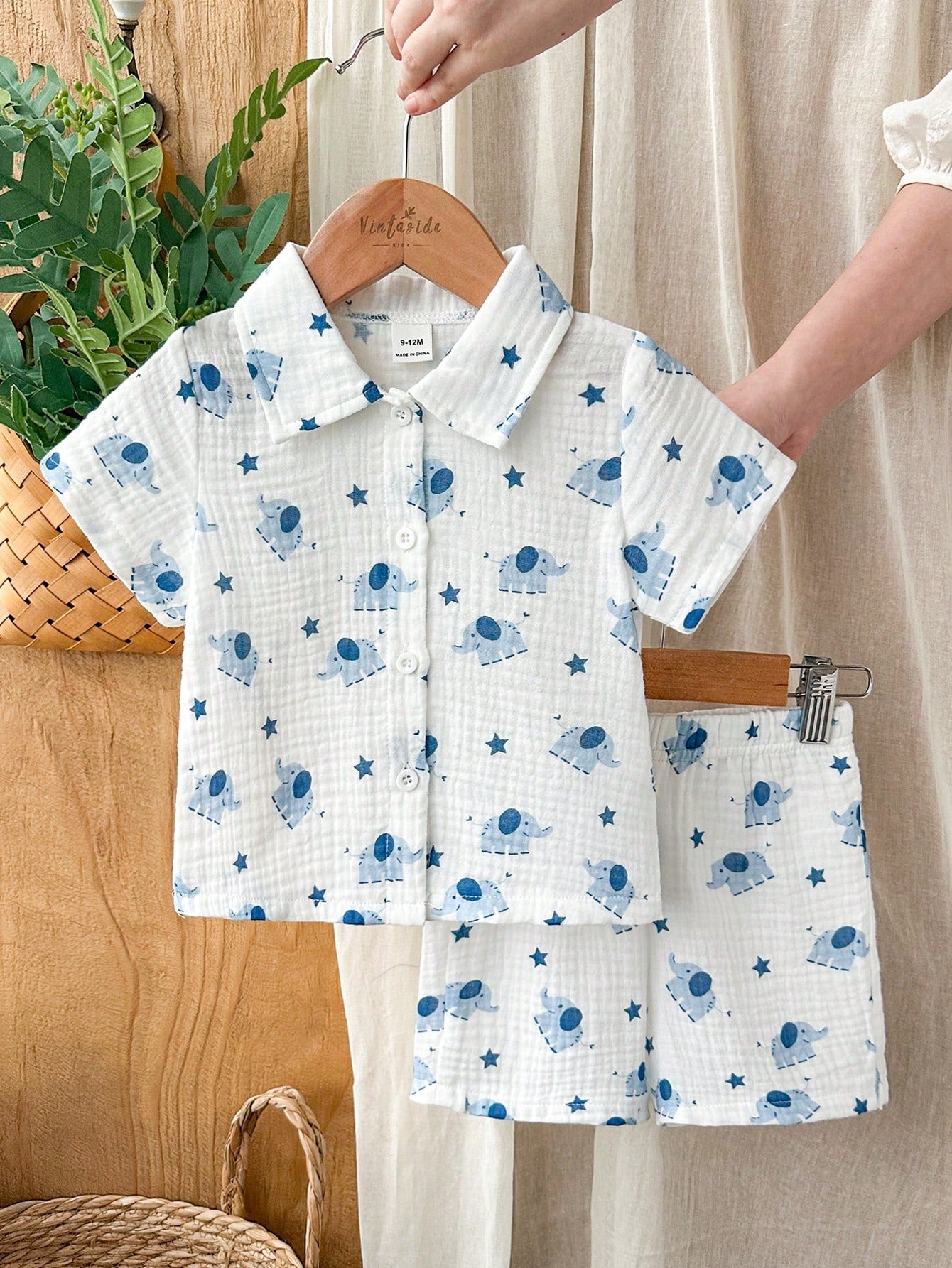 Baby Boys Elephant Print Collar Shirt & Shorts Set - Ivory