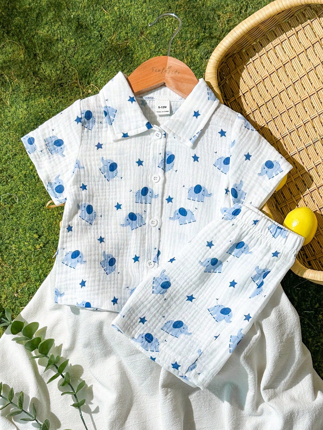 Baby Boys Elephant Print Collar Shirt & Shorts Set - Ivory