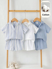 6pcs Boys Striped Cotton Polo Shirt & Shorts Set - Periwinkle | 21 ...