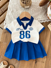 2pcs Girls Varsity Polo Top & Pleated Skirt Set - Cobalt | 21 Centu...