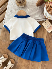 2pcs Girls Varsity Polo Top & Pleated Skirt Set - Cobalt | 21 Centu...