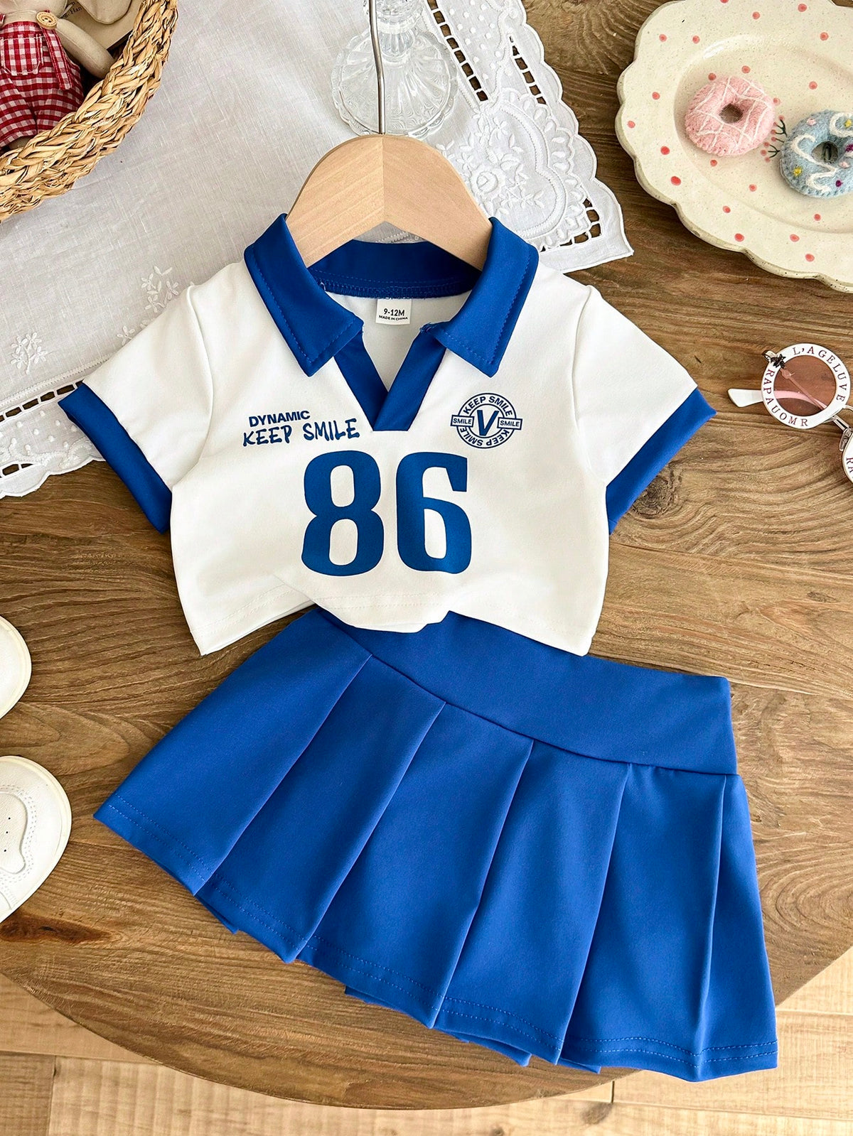 2pcs Girls Varsity Polo Top & Pleated Skirt Set - Cobalt | 21 Centu...