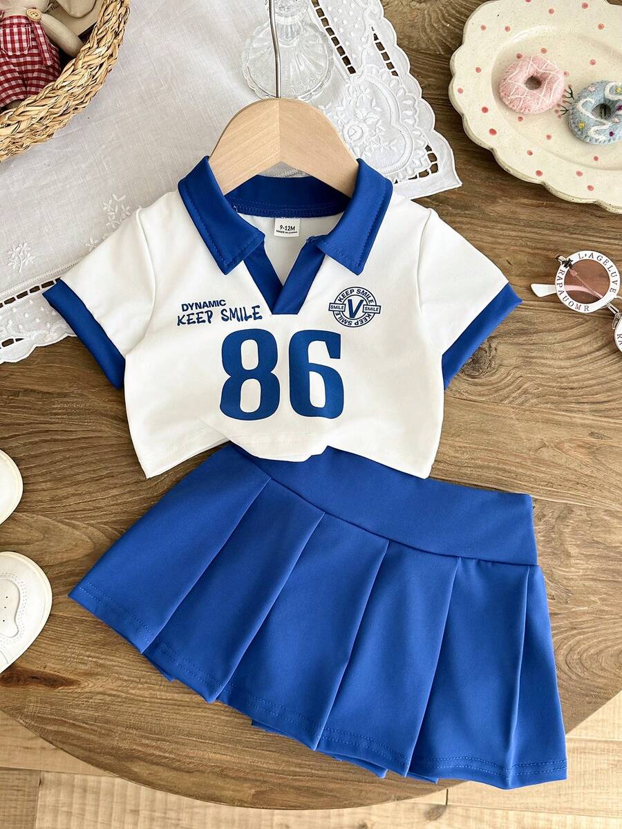 2pcs Girls Varsity Polo Top & Pleated Skirt Set - Cobalt | 21 Centu...