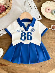 2pcs Girls Varsity Polo Top & Pleated Skirt Set - Cobalt | 21 Centu...
