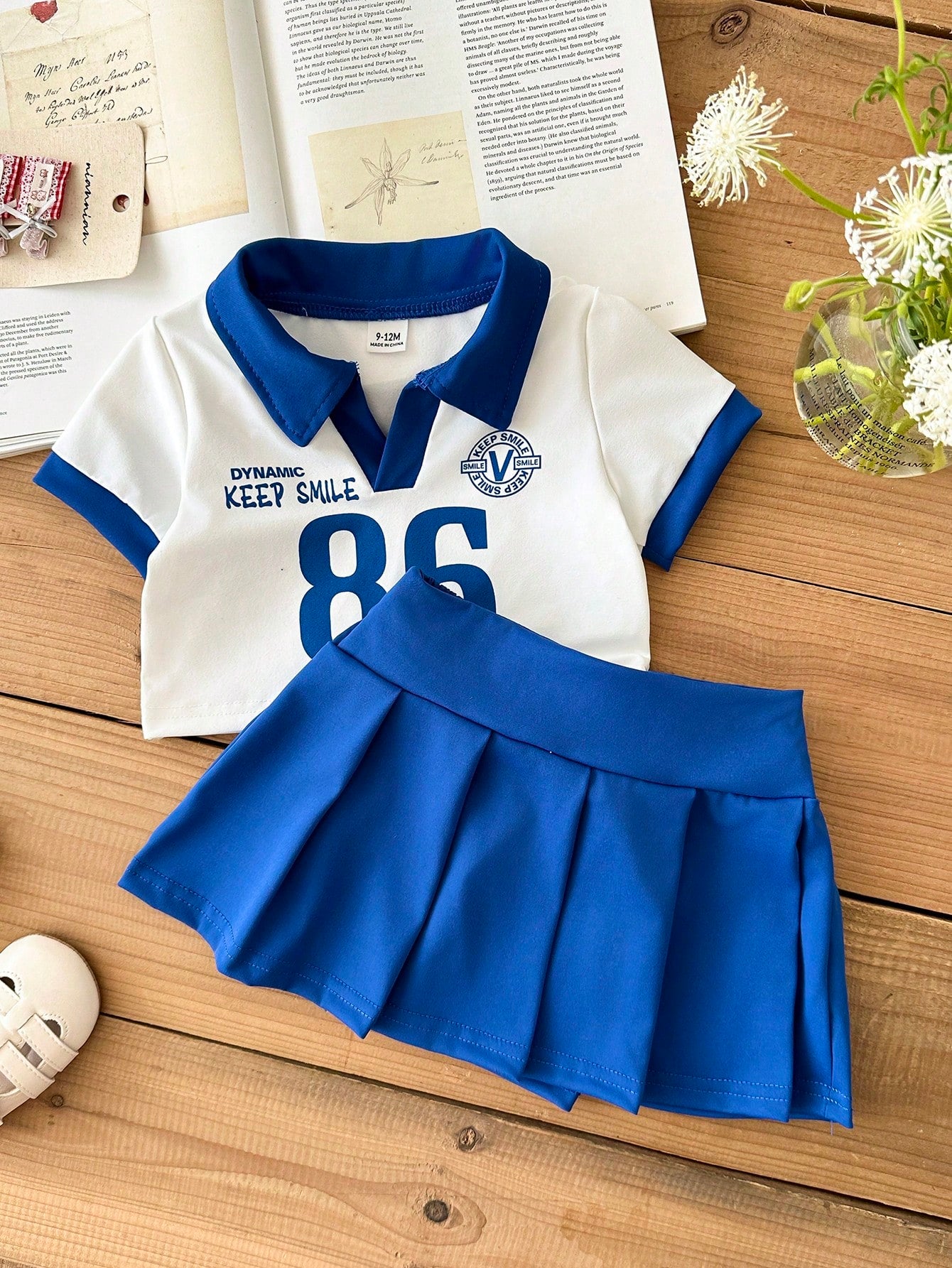 2pcs Girls Varsity Polo Top & Pleated Skirt Set - Cobalt | 21 Centu...