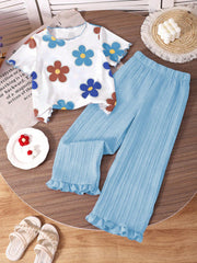 2pcs Little Girls Daisy Print Tee & Wide-Leg Pants Set - Isabelline...