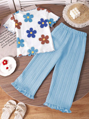 2pcs Little Girls Daisy Print Tee & Wide-Leg Pants Set - Isabelline...