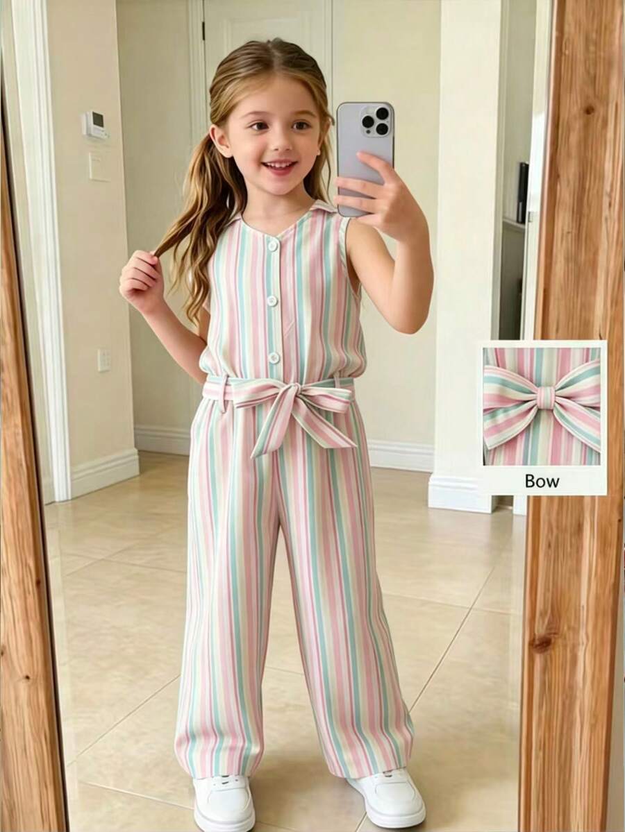 Girls Belted Denim-Look Jumpsuit - Ivory