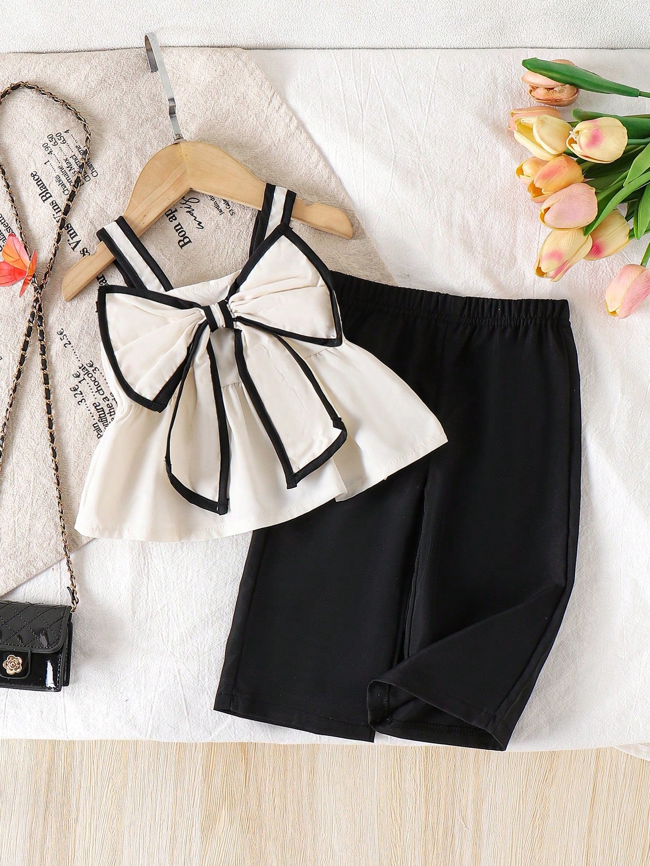 2pcs Girls Bow-Front Peplum Cami & Wide-Leg Pants Set - Ecru | 21 C...