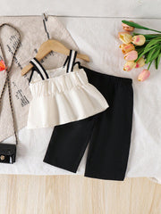 2pcs Girls Bow-Front Peplum Cami & Wide-Leg Pants Set - Ecru | 21 C...
