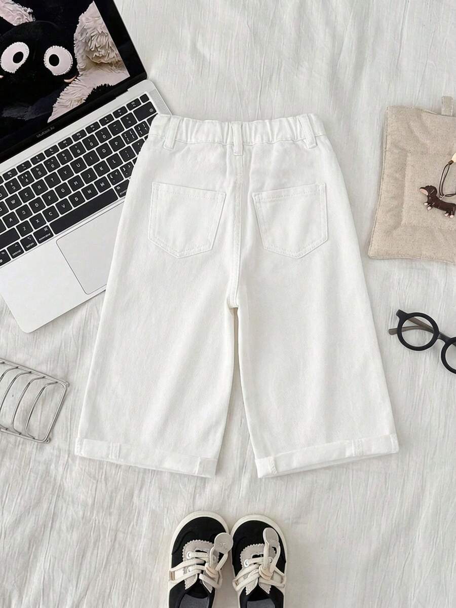 Boys Wide-Leg Cuffed Denim Bermuda Shorts - Ivory | 21 Century Kids