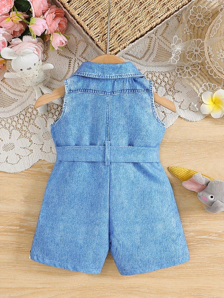 Girls Safari Animal Print Belted Denim Romper - Cerulean | 21 Centu...