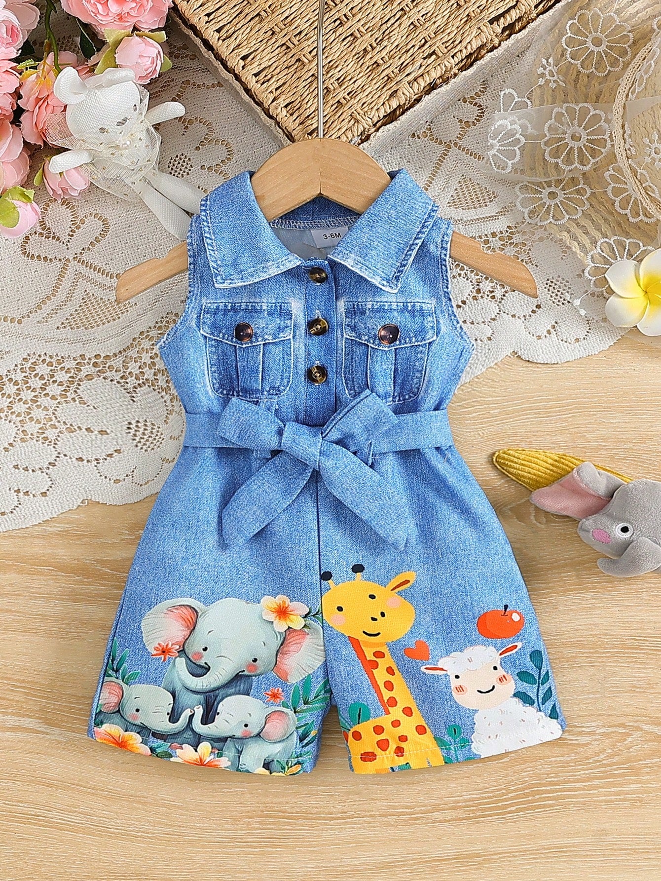 Girls Safari Animal Print Belted Denim Romper - Cerulean | 21 Centu...