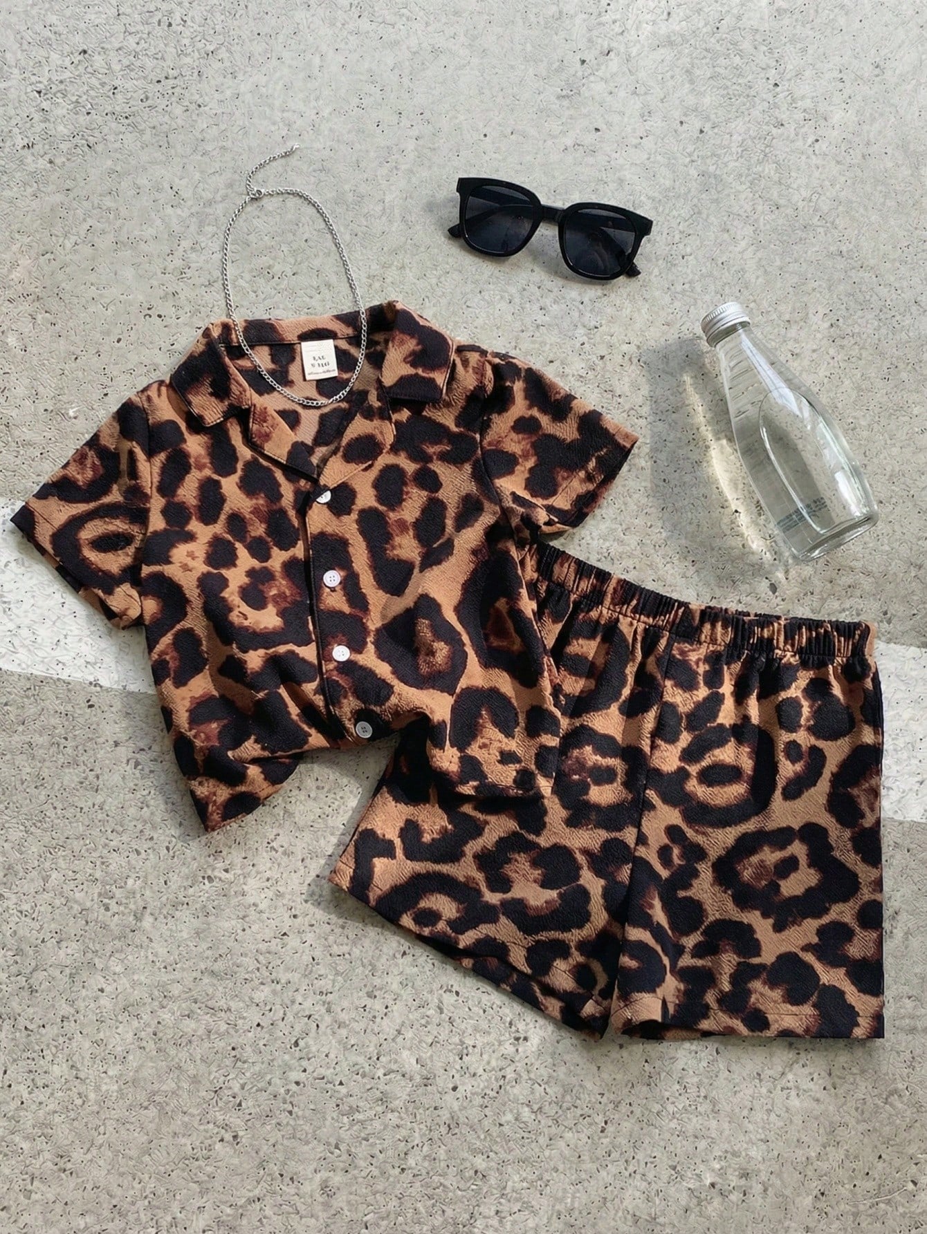 2pcs Boys Leopard Print Resort Collar Shirt & Shorts Set - Amber