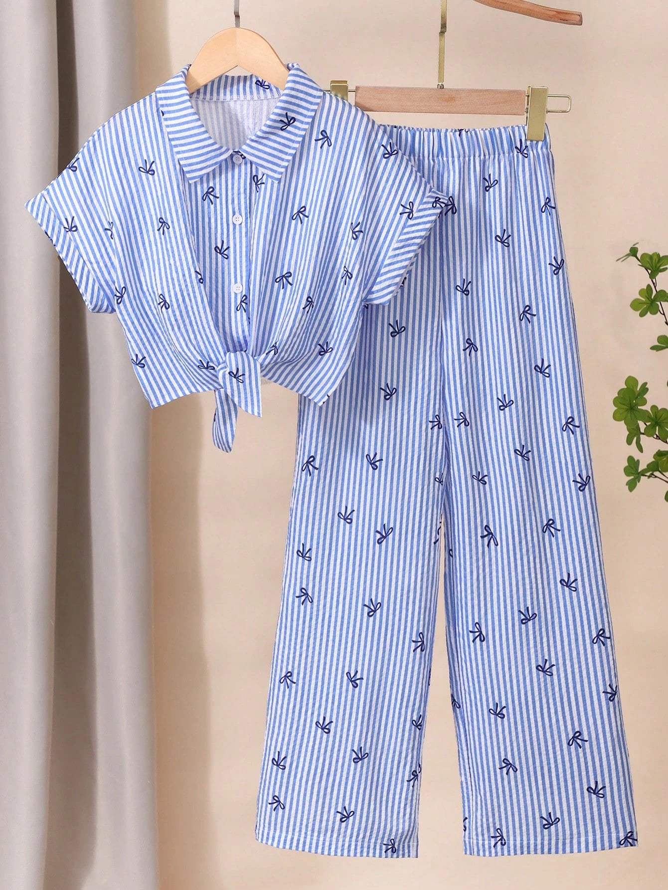 2pcs Big Girls Bow Print Stripe Tie-Front Shirt & Wide-Leg Pants - ...