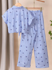 2pcs Big Girls Bow Print Stripe Tie-Front Shirt & Wide-Leg Pants - ...